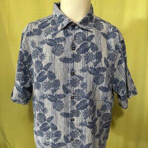Tommy Bahama Men's Floral Taro Leaf Blue Hawaiian Shirt Large Linen Cotton